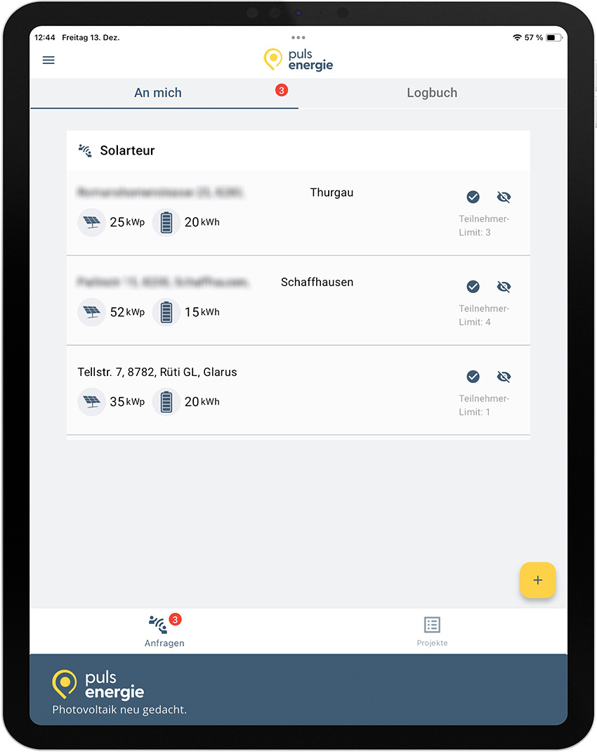Pulsenergie App Anfragen Tablet Screen