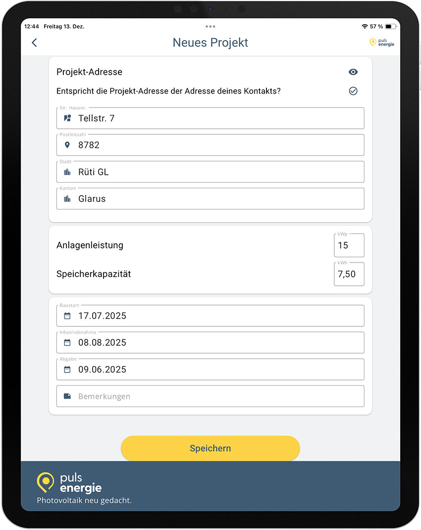 App Projektanlage Tablet